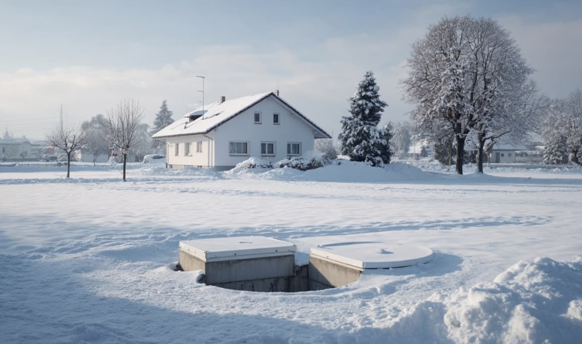 Pokryte śniegiem szambo, w tle dom jednorodzinny