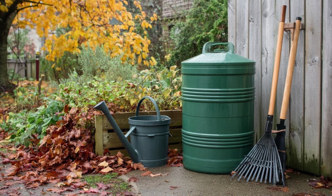 Zielona beczka na wodę w ogrodzie