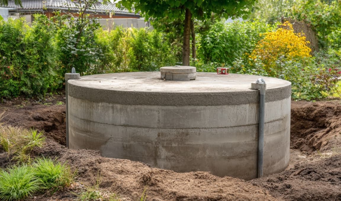 Betonowy zbiornik na ścieki, w ogrodzie