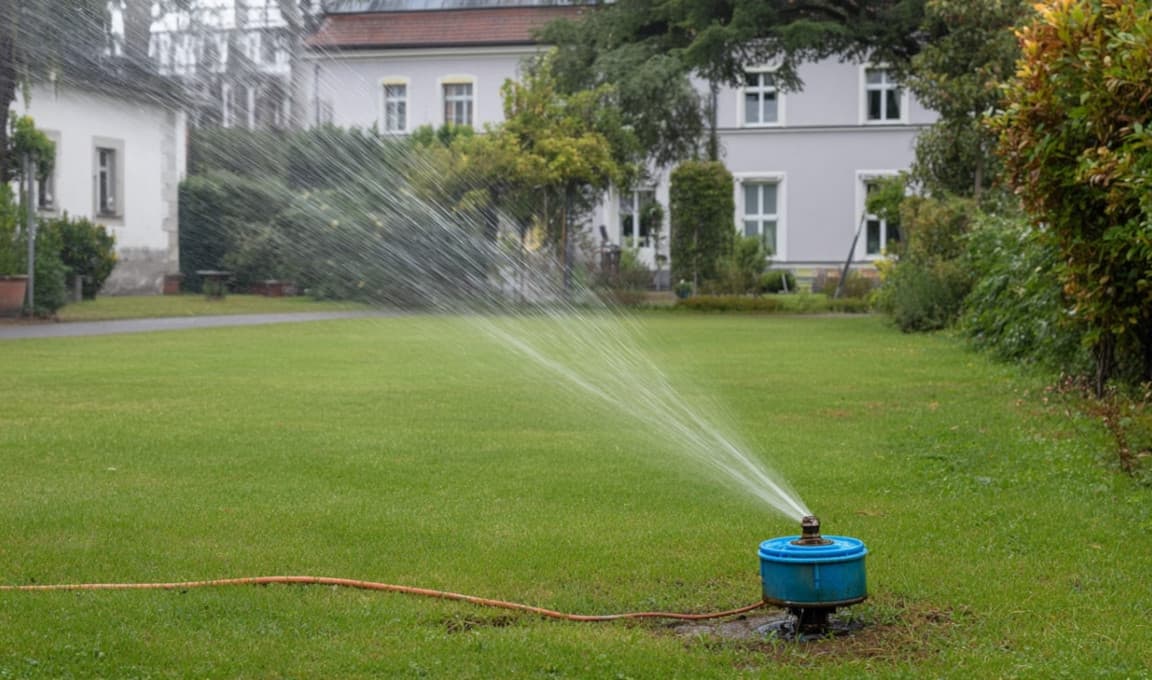 Włączony zraszacz na trawniku