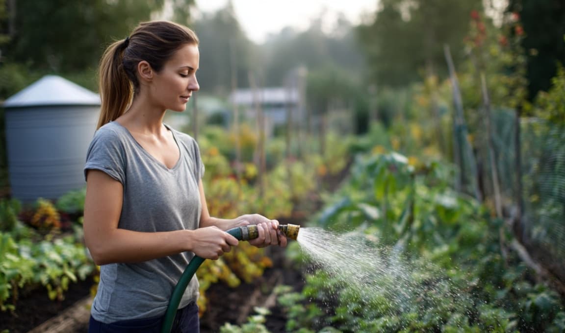 Młoda kobieta podlewa grządki wodą z węża ogrodowego