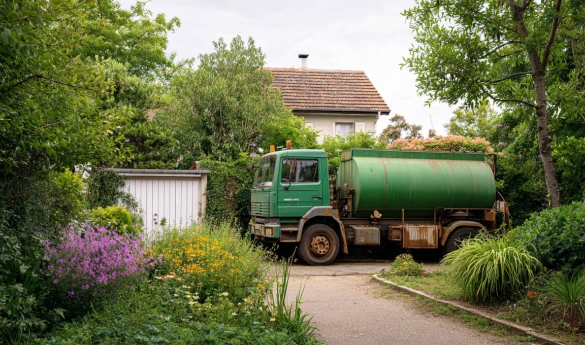 Zielony beczkowóz przy płocie starego domu